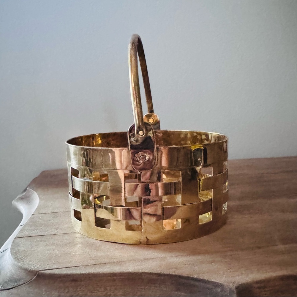 Vintage Brass Basket Organizer Boho Accent Mid Century Style Made in India